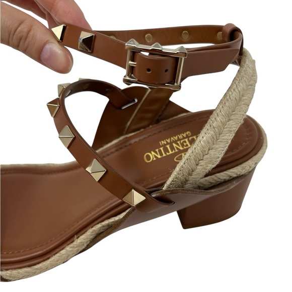 Valentino Rockstud Espadrille Heel Ankle-Strap Sandals Size 38 EU Brown Leather - Picture 4 of 7